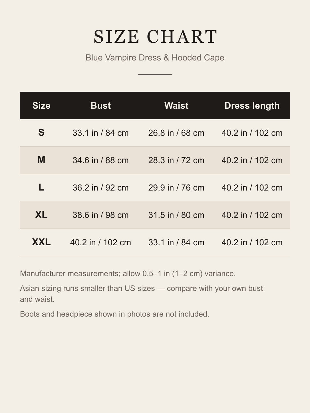 Size chart for the blue vampire dress and hooded cape: bust, waist and dress length for S to XXL in inches and centimeters