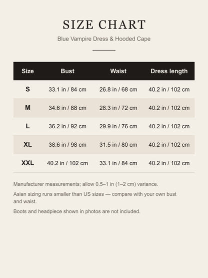 Size chart for the blue vampire dress and hooded cape: bust, waist and dress length for S to XXL in inches and centimeters