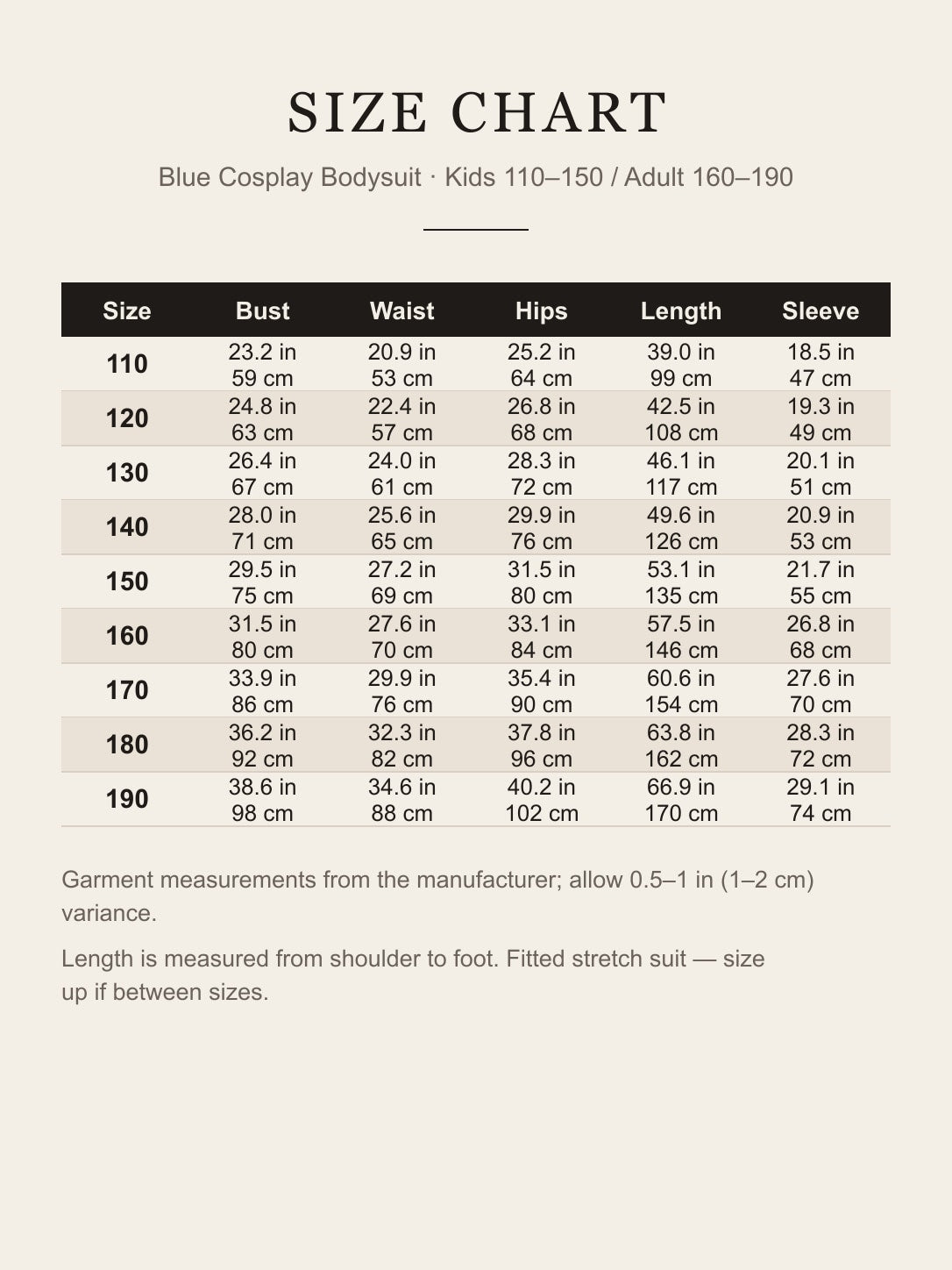 Size chart for the Vegeta cosplay bodysuit: bust, waist, hips, length and sleeve for kids 110–150 and adult 160–190 in inches and centimeters