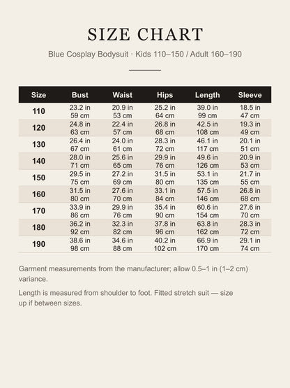 Size chart for the Vegeta cosplay bodysuit: bust, waist, hips, length and sleeve for kids 110–150 and adult 160–190 in inches and centimeters