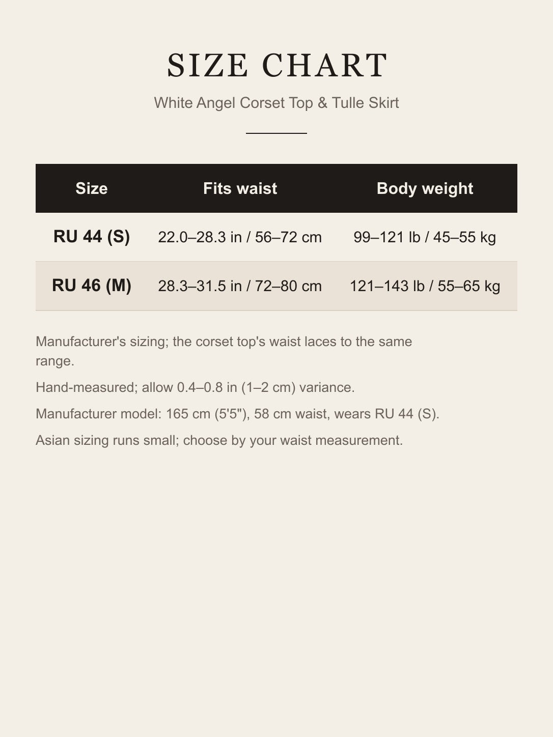 Size chart for the white angel costume: fits waist and body weight for RU 44 (S) and RU 46 (M) in inches/cm and lb/kg