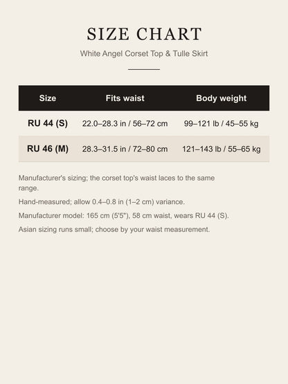 Size chart for the white angel costume: fits waist and body weight for RU 44 (S) and RU 46 (M) in inches/cm and lb/kg