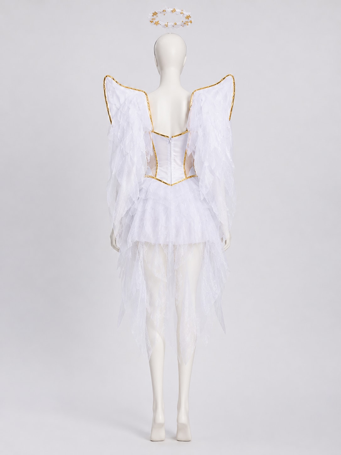 Back view of the white angel costume showing the wings and long sheer tulle back panels