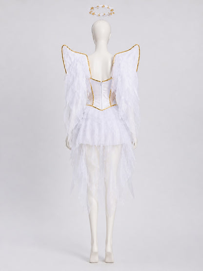 Back view of the white angel costume showing the wings and long sheer tulle back panels