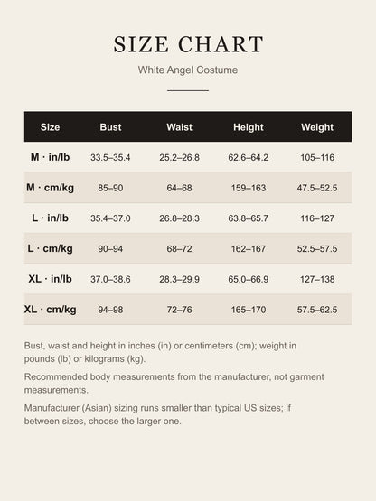 Size chart for the white angel costume: recommended bust, waist, height and weight for M, L and XL in inches and centimeters