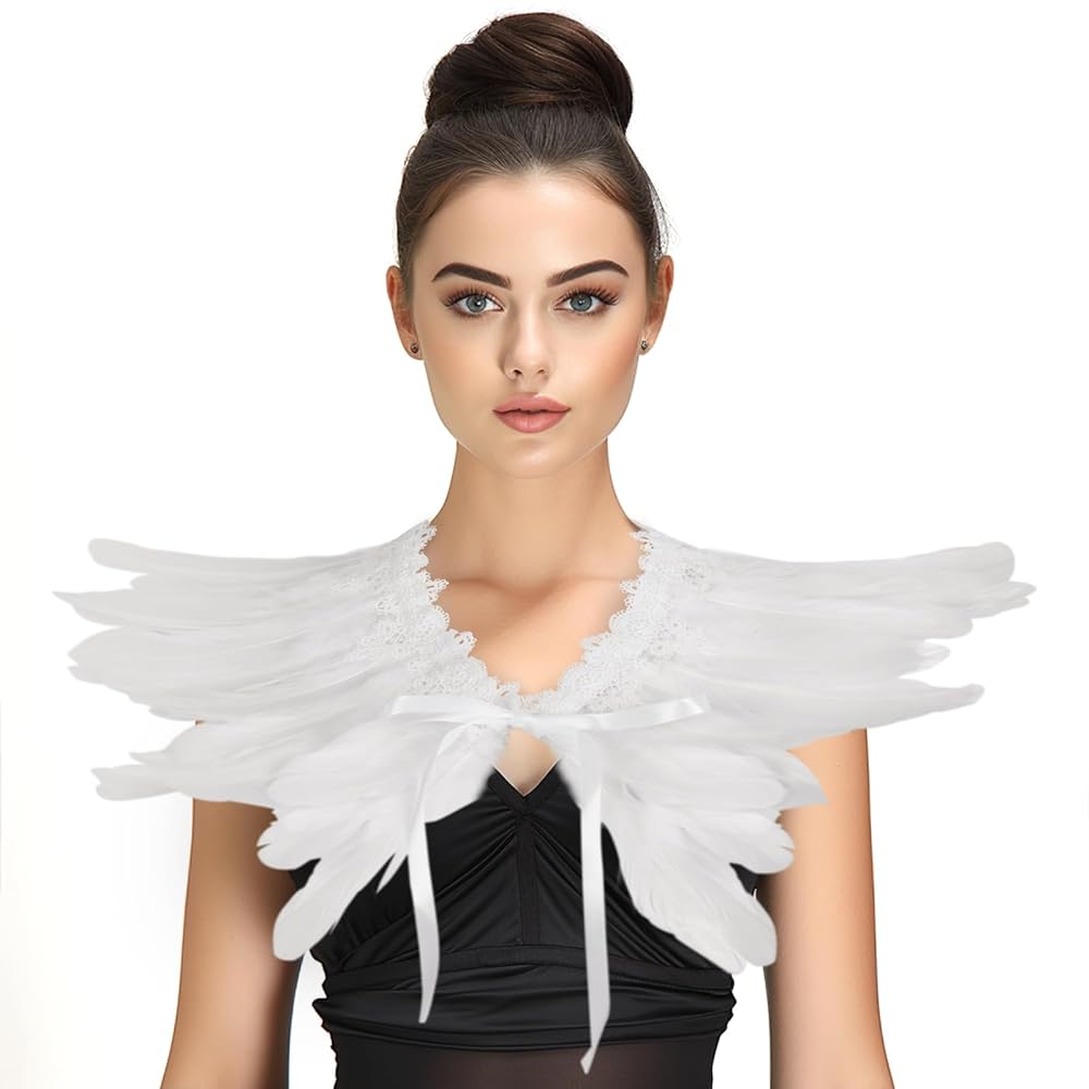Close-up of the white feather capelet with white lace V-neck trim and satin ribbon tie on a white background