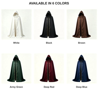 The hooded cape with gold trim in all 6 colors: white, black, brown, army green, deep red and deep blue