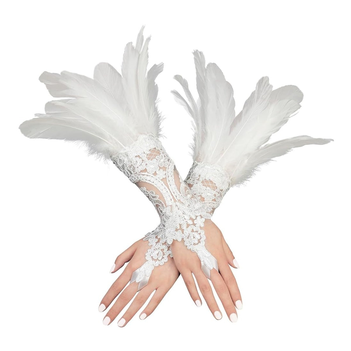 Pair of white lace fingerless gloves with white goose feather cuffs on a white background