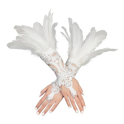 Pair of white lace fingerless gloves with white goose feather cuffs on a white background