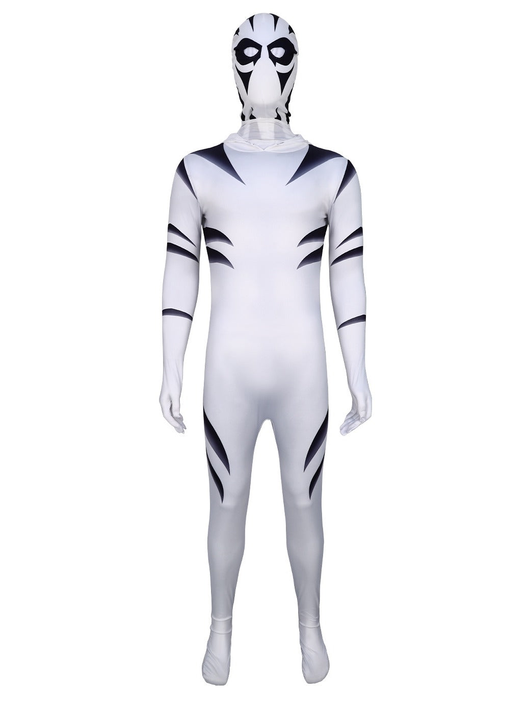 White tiger-stripe jumpsuit with the striped face mask worn over the hood, front product view