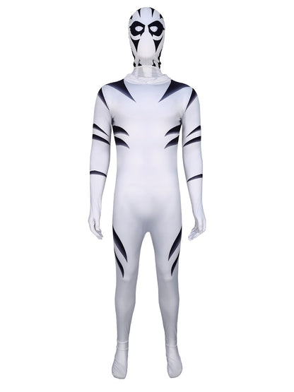 White tiger-stripe jumpsuit with the striped face mask worn over the hood, front product view