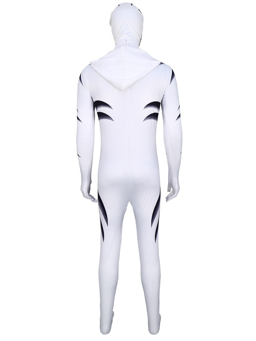 Back view of the white tiger jumpsuit showing the attached hood, back zipper and black stripe print