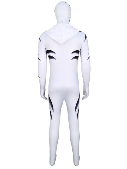 Back view of the white tiger jumpsuit showing the attached hood, back zipper and black stripe print