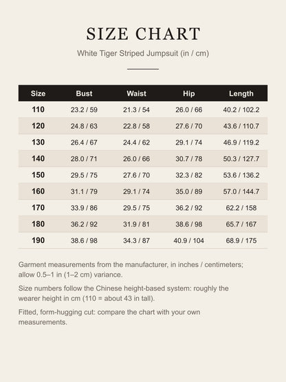 Size chart for the white tiger jumpsuit, sizes 110 to 190: bust, waist, hip and length in inches and centimeters