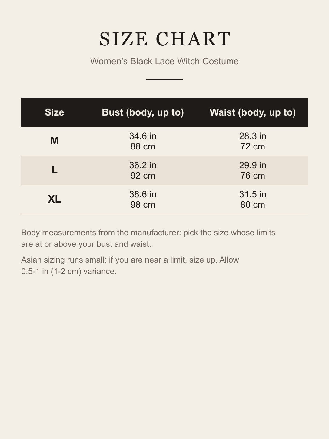 Size chart for the women's black lace witch costume, M to XL bust and waist in inches and centimeters