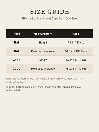 Size guide for the black witch hat and cape set: hat height 17.1 in, brim circumference 54.3 in, cape length 67 in, hem circumference 51.2 in
