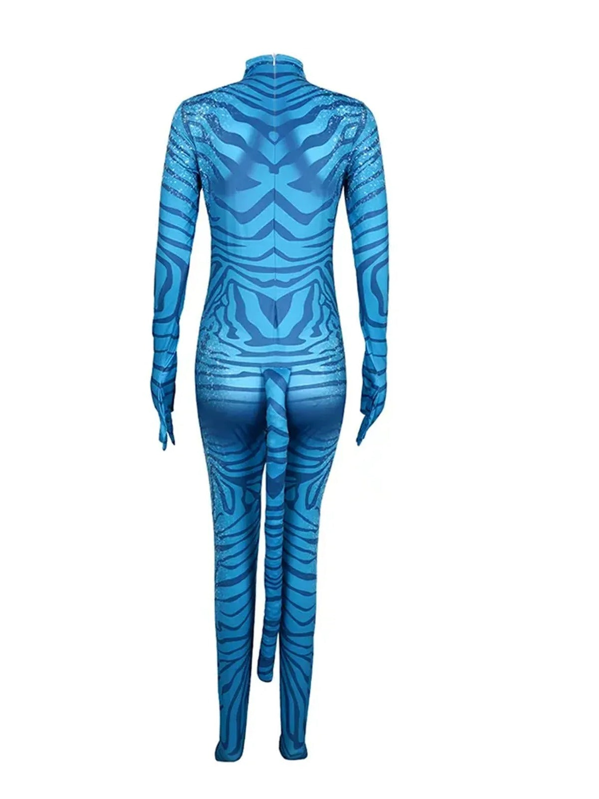 Back view of the blue striped bodysuit laid flat, showing the back zipper and the attached striped tail