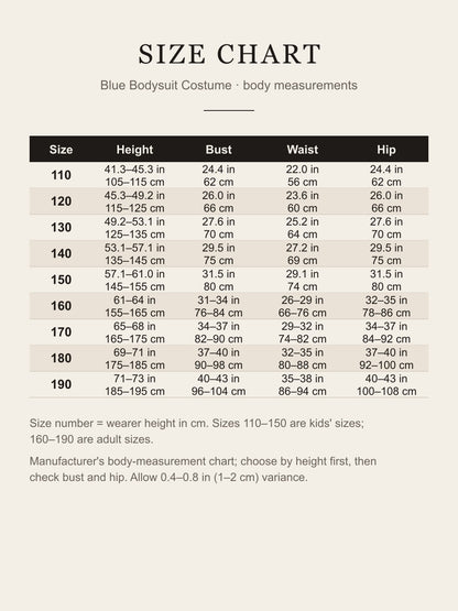 Size chart for the blue bodysuit costume: height, bust, waist and hip for sizes 110 to 190 in inches and centimeters