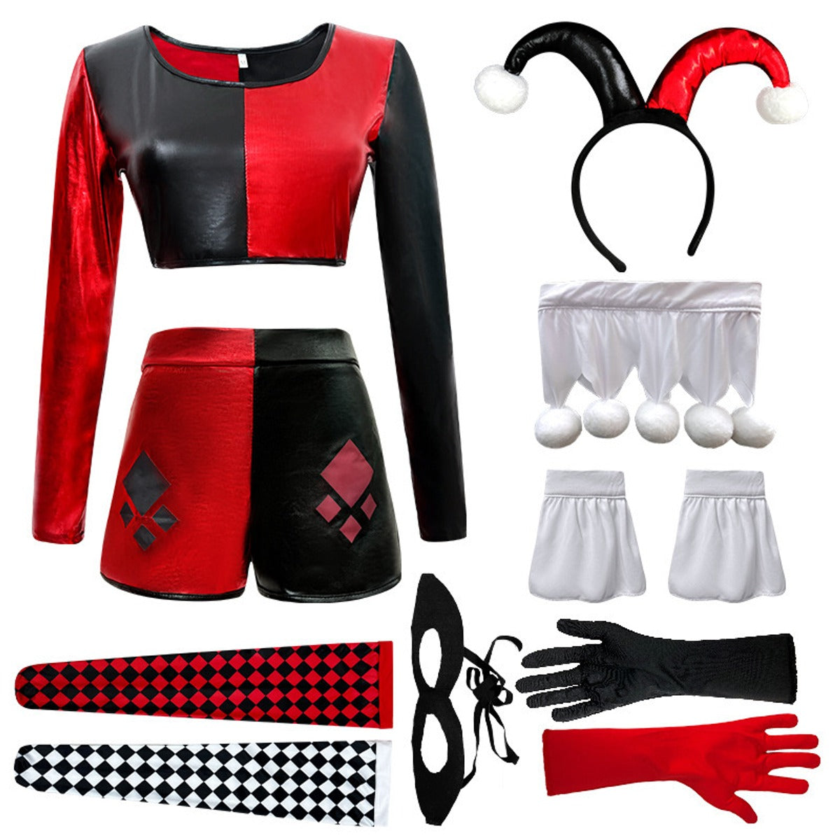 What's included: black and red crop top, diamond shorts, jester headband, pom-pom collar, white cuffs, red and black gloves, diamond stockings and eye mask