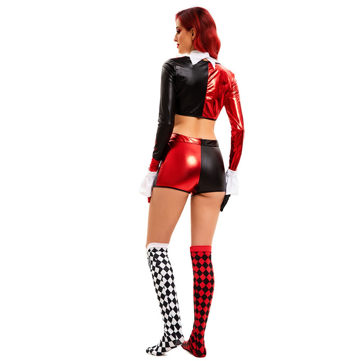 Back view of the black and red harlequin clown costume with thigh-high diamond stockings