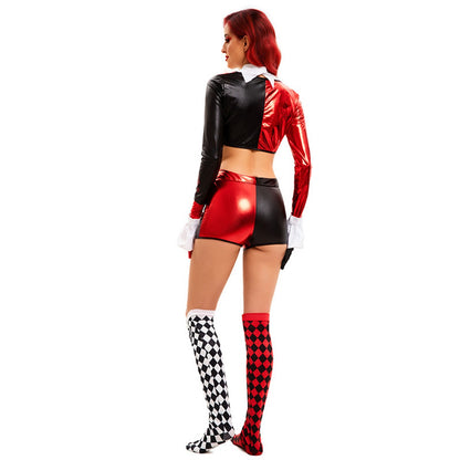 Back view of the black and red harlequin clown costume with thigh-high diamond stockings