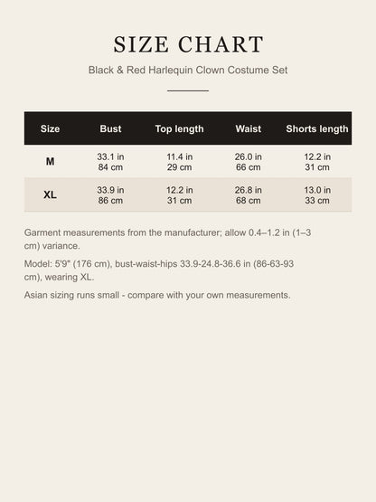 Size chart for the harlequin clown costume set: bust, top length, waist and shorts length for M and XL in inches and centimeters