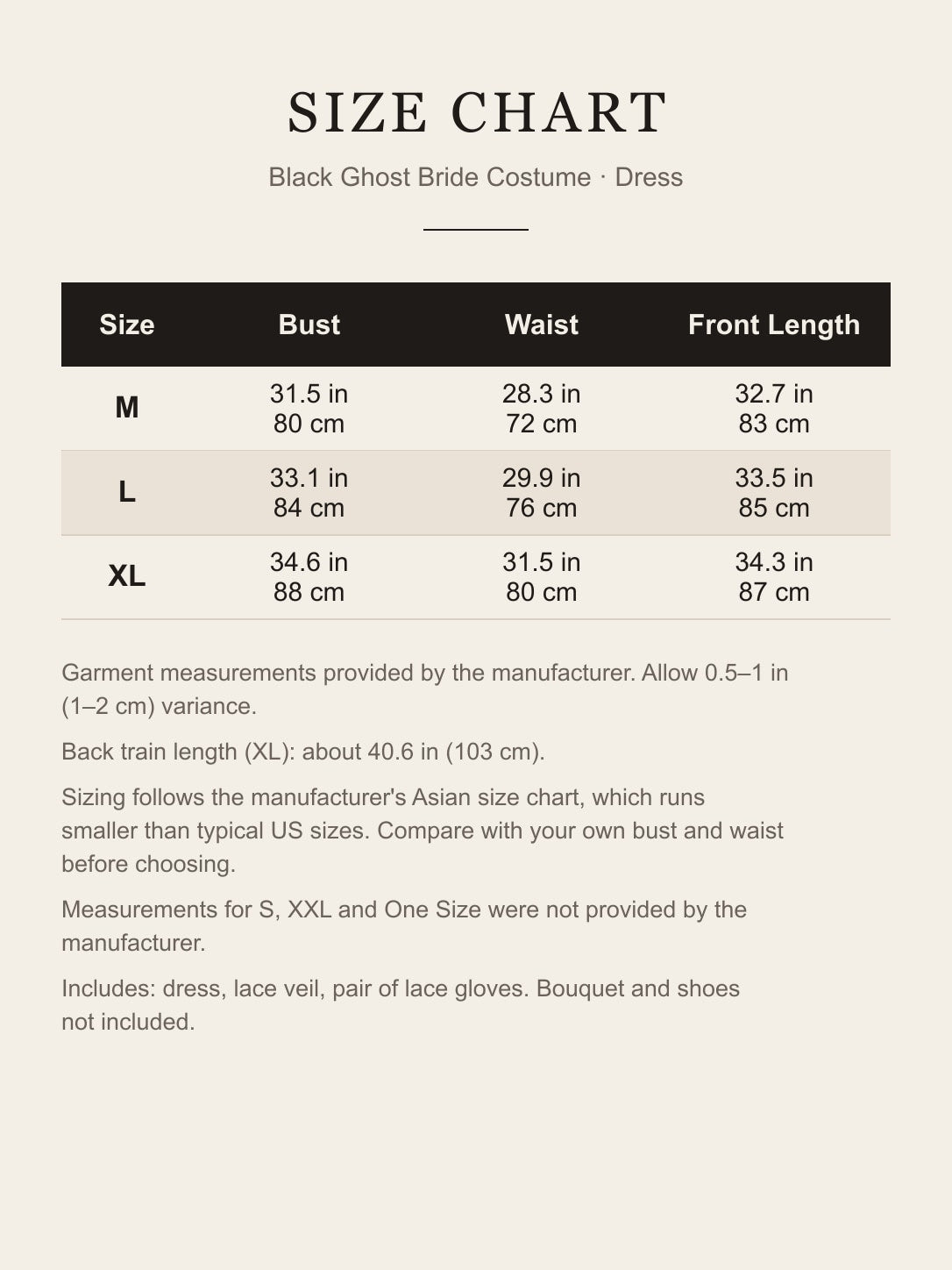 Size chart for the black ghost bride costume: bust, waist and front length for M, L and XL in inches and centimeters