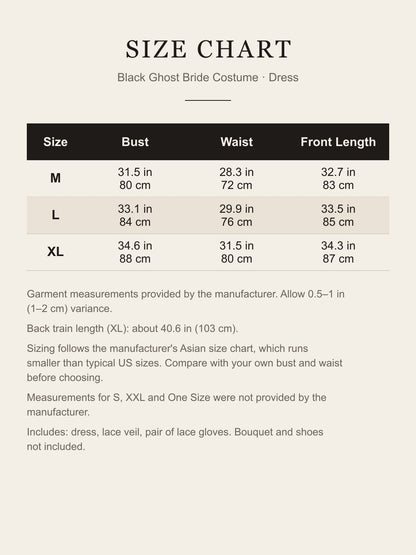 Size chart for the black ghost bride costume: bust, waist and front length for M, L and XL in inches and centimeters