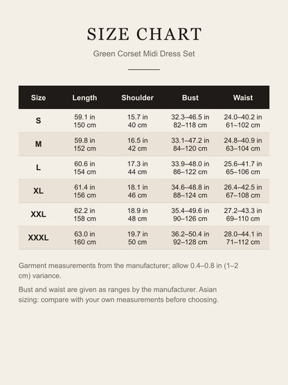 Size chart for the green renaissance corset dress: length, shoulder, bust and waist for S to XXXL in inches and centimeters