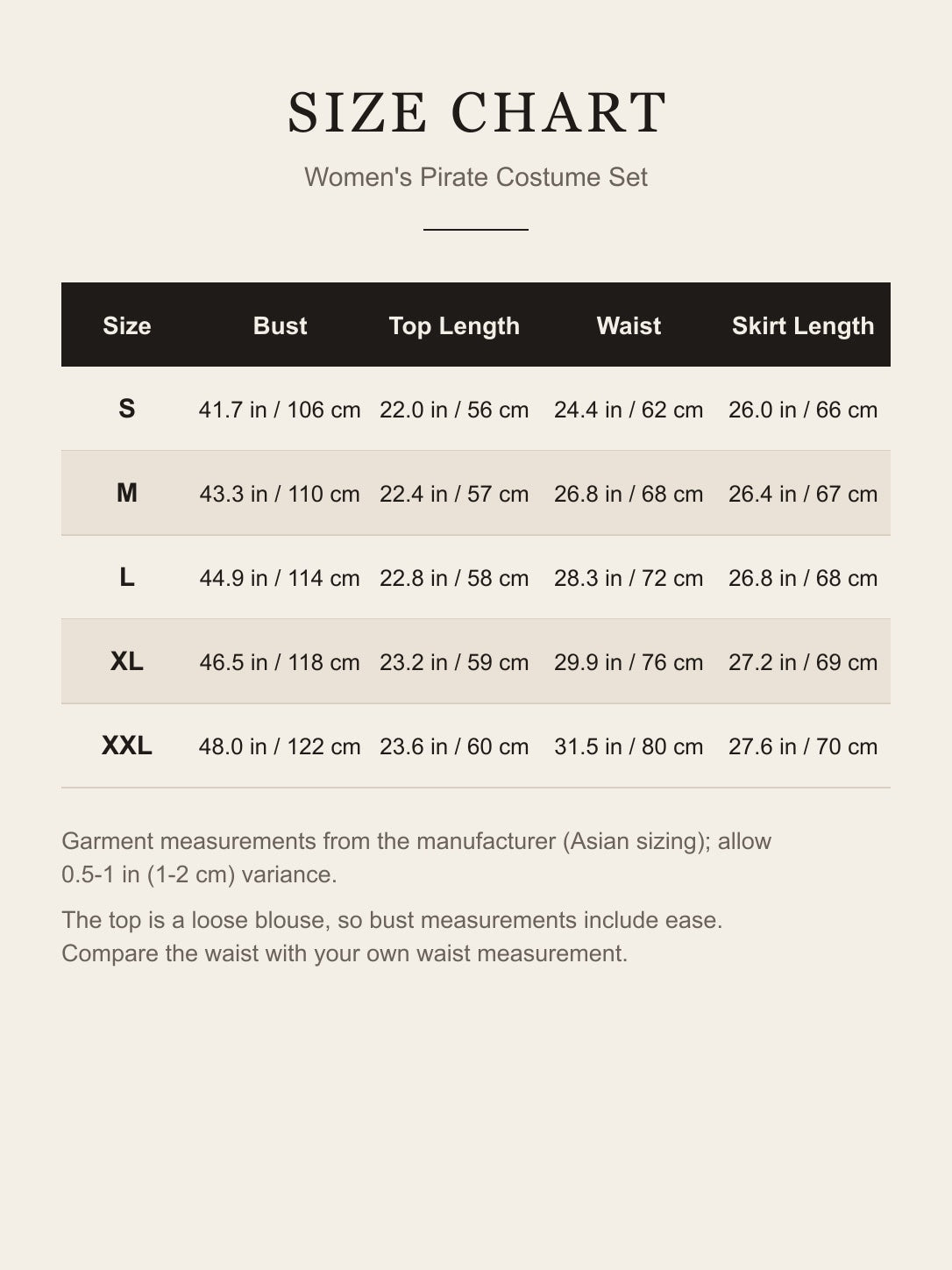 Size chart for the women's pirate costume set: bust, top length, waist and skirt length for S to XXL in inches and cm