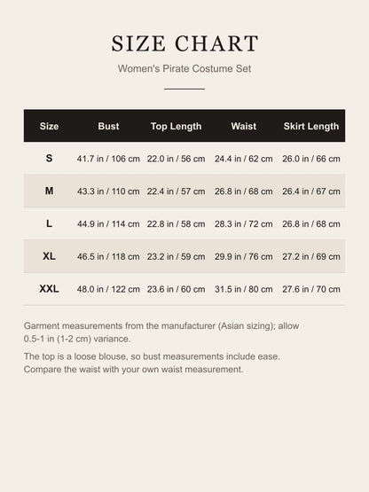 Size chart for the women's pirate costume set: bust, top length, waist and skirt length for S to XXL in inches and cm