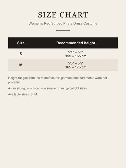 Size chart for the women's pirate dress costume: recommended height for S and M in feet/inches and centimeters