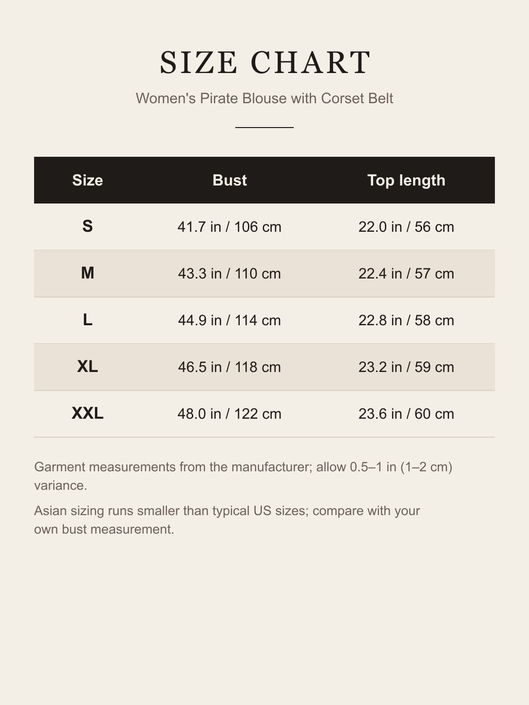 Size chart for the women's pirate blouse: bust and top length for S to XXL in inches and centimeters