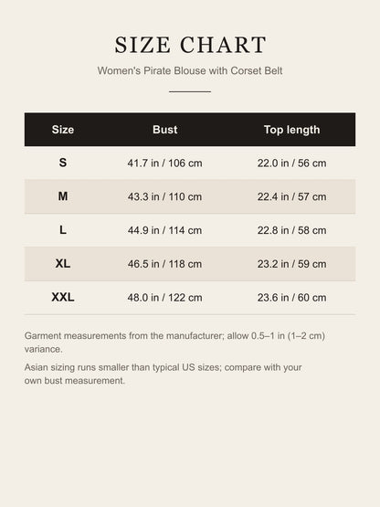 Size chart for the women's pirate blouse: bust and top length for S to XXL in inches and centimeters