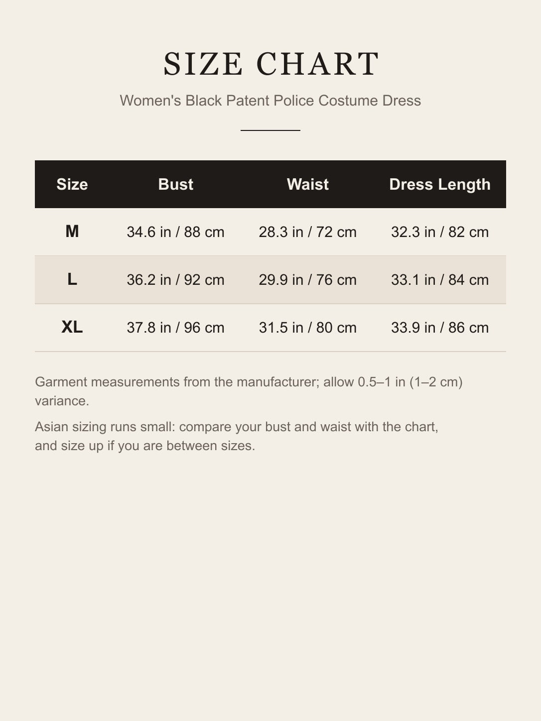 Size chart for women's black patent police costume dress, M L XL bust waist length in inches and cm