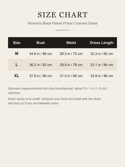 Size chart for women's black patent police costume dress, M L XL bust waist length in inches and cm