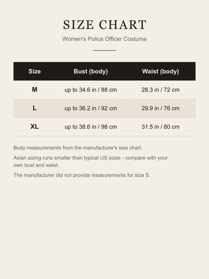 Size chart for the women's police officer costume: bust and waist for M, L and XL in inches and centimeters