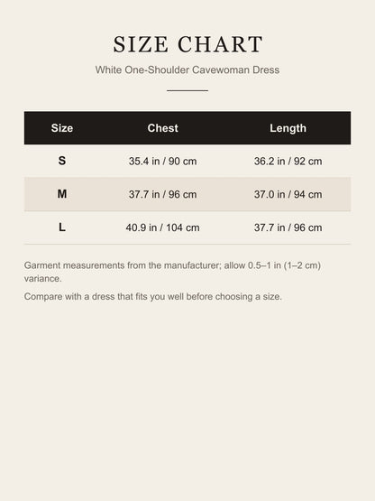 Size chart for the white cavewoman dress: chest and length for S, M and L in inches and centimeters
