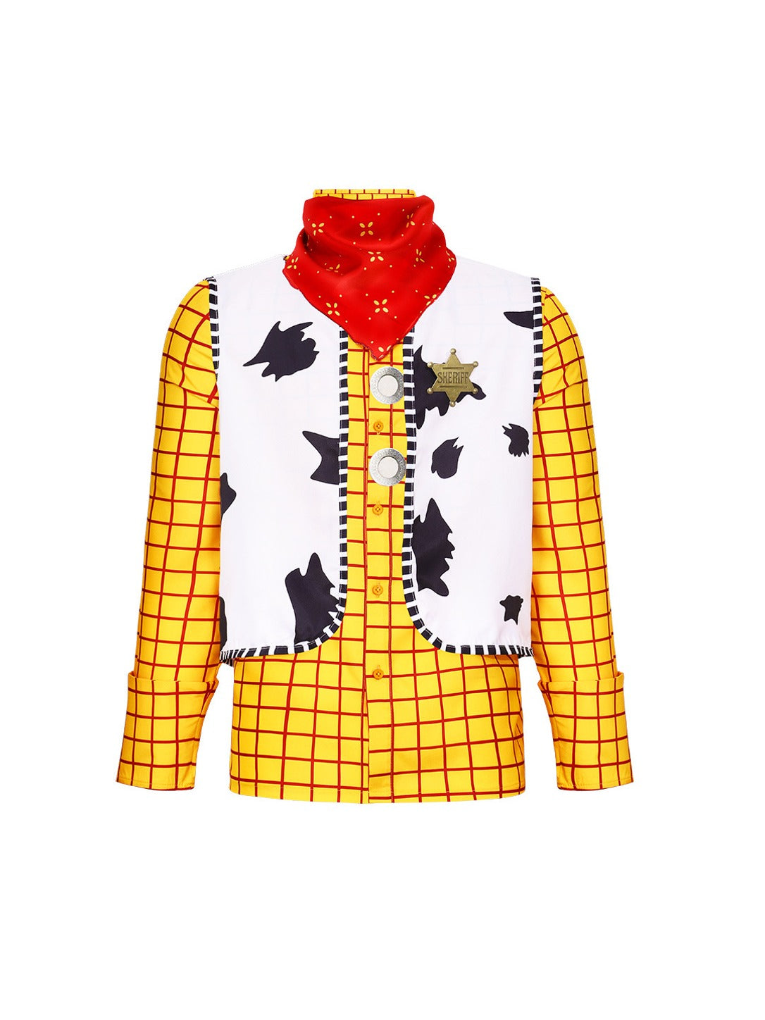 Woody costume set laid out on white: yellow plaid shirt, cow print vest, red neckerchief and SHERIFF star badge