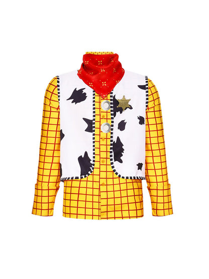 Woody costume set laid out on white: yellow plaid shirt, cow print vest, red neckerchief and SHERIFF star badge