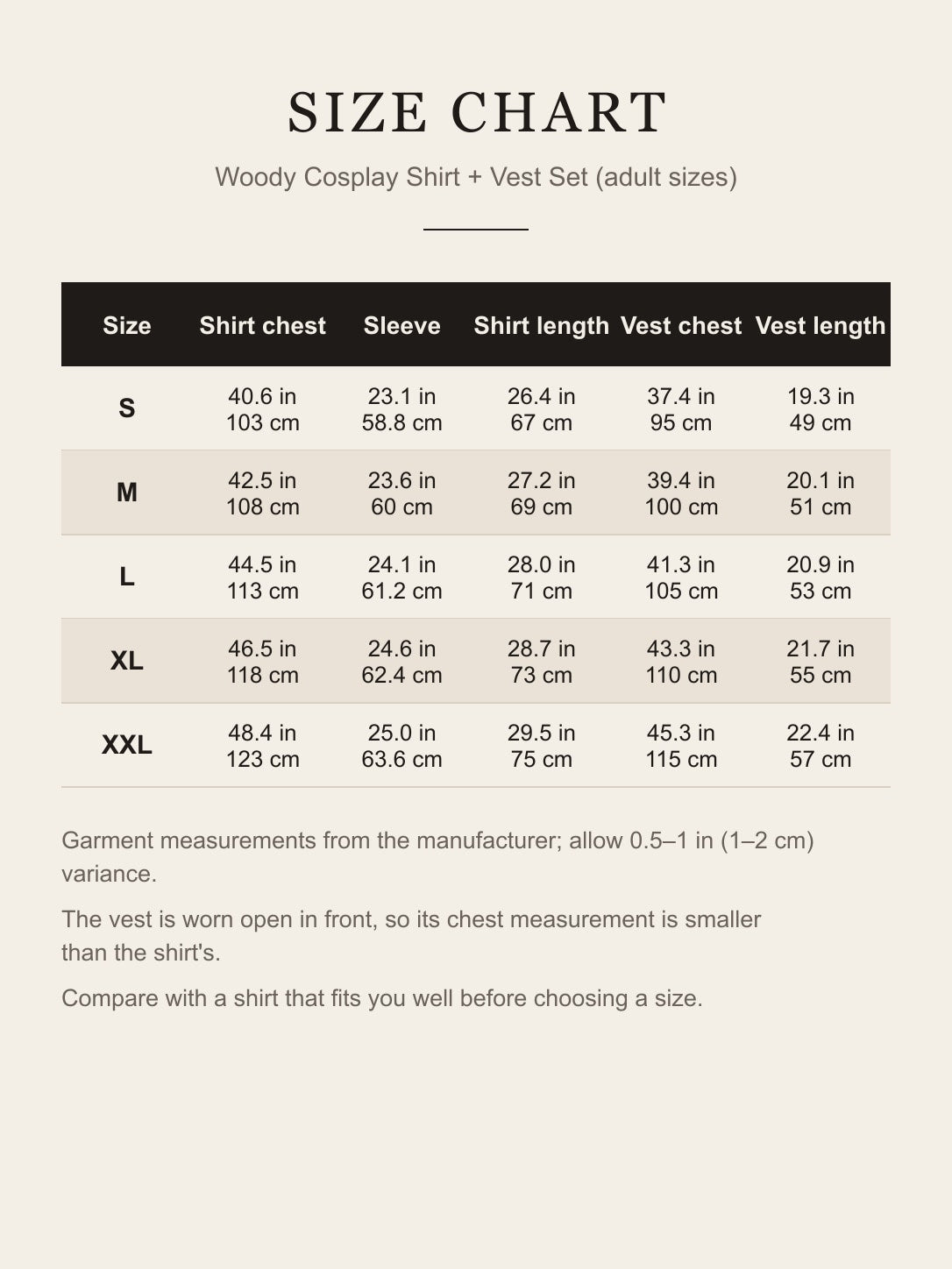Size chart for the adult Woody shirt and vest set: shirt chest, sleeve, shirt length, vest chest and vest length for S to XXL in inches and centimeters