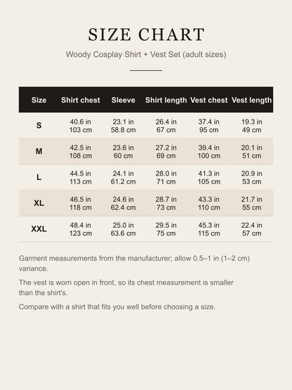 Size chart for the adult Woody shirt and vest set: shirt chest, sleeve, shirt length, vest chest and vest length for S to XXL in inches and centimeters
