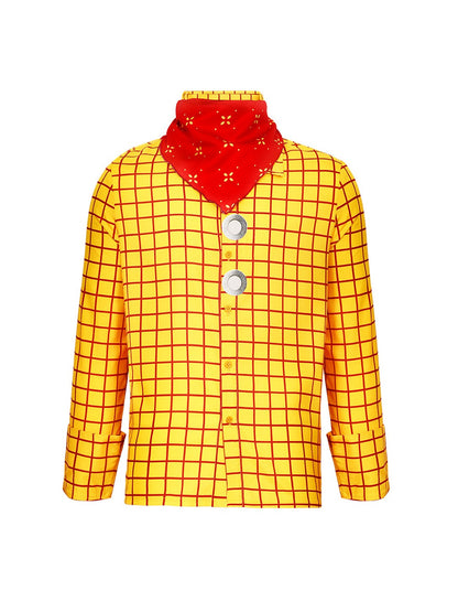 What's included: yellow and red plaid long-sleeve shirt with red neck scarf (no vest)