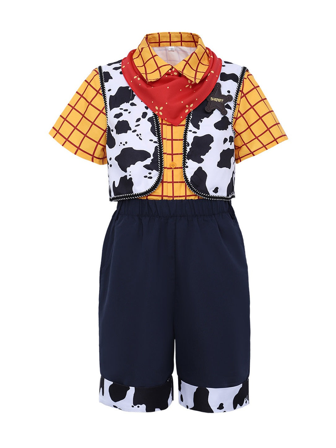 What's included: yellow plaid shirt, cow print vest, navy shorts with cow print cuffs, red neckerchief and Sheriff star badge, shown flat without a model