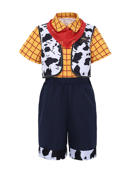 What's included: yellow plaid shirt, cow print vest, navy shorts with cow print cuffs, red neckerchief and Sheriff star badge, shown flat without a model