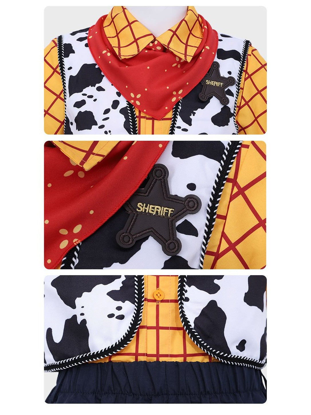 Close-up details: red flower-dot neckerchief, brown Sheriff star badge, cow print vest with braided trim and button-front plaid shirt