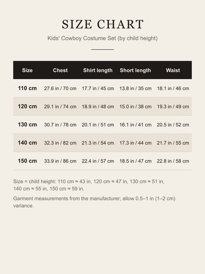 Size chart for the kids' cowboy costume: chest, shirt length, short length and waist for sizes 110 to 150 cm in inches and centimeters