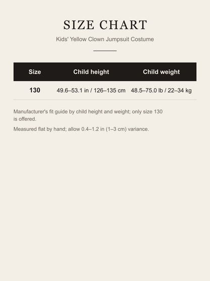 Size chart for the kids' yellow clown jumpsuit costume: size 130 fits child height 49.6–53.1 in (126–135 cm) and weight 48.5–75.0 lb (22–34 kg)