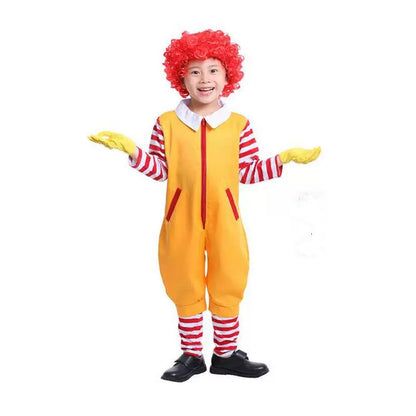 Actual product photo: child wearing the yellow clown jumpsuit, striped long-sleeve shirt and red curly wig