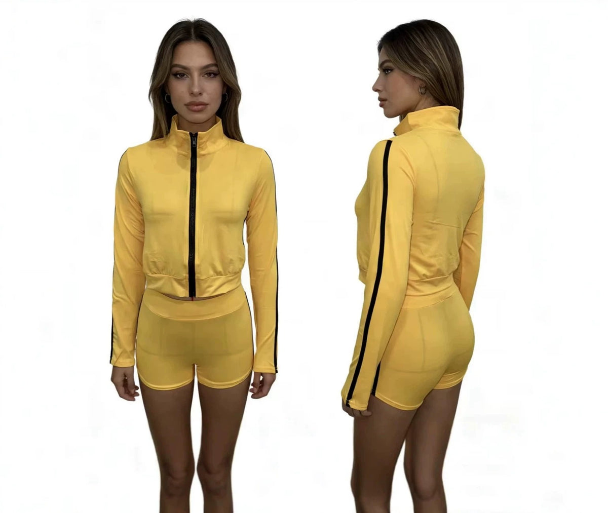 Actual product photo: model in the yellow zip-up jacket and shorts set, front and back views